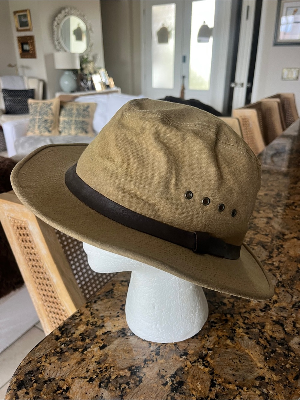 Vintage Filson tin cloth packer hat tan hat with brown trim featuring signature